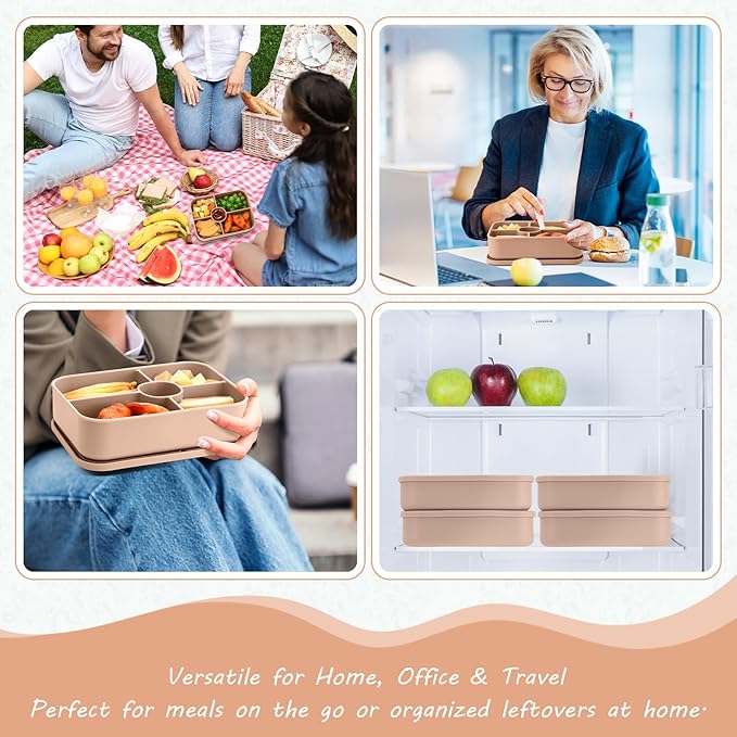 Jingmore 4 Pack Silicone Bento Boxes for Adults, 5 Compartment Reusable Lunch Containers with Sauce Section, Leakproof Meal Prep Snack Box Microwave & Dishwasher Safe for Office(Khaki)