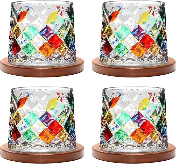 Rotatable Old Fashioned Glass, 275ml/10oz Crystal Whiskey Glass Set of 4, Wood Coaster, Thickening, Used as Rum Glass, Cocktail Cup, Coffee Cup, Milk Cup to Relax and Reduce Stress, Christmas gifts