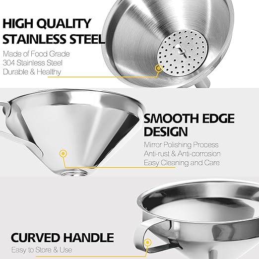 Anaeat Stainless Steel Kitchen Funnel, Multi-Use Premium Metal Food Grade Cooking Funnels with 2 Removable Strainer Filter for Transferring Liquid or Dry ingredients, Oils & 1 Pc Cleaning Brush (4.1")