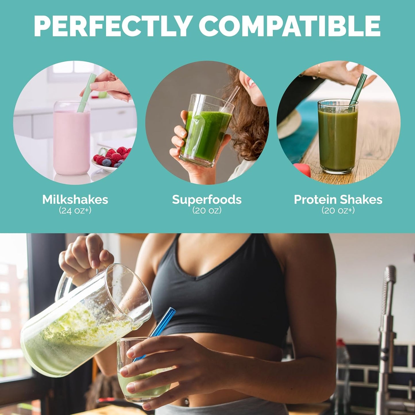 Simply Straws Wide Glass Straws (6-Pack) - 10in x 12mm Reusable Glass Smoothie Straws for Milkshakes, Juices & Slushies, with Cleaning Brush - Dishwasher Safe, Hot & Cold Use, BPA-Free (Air)