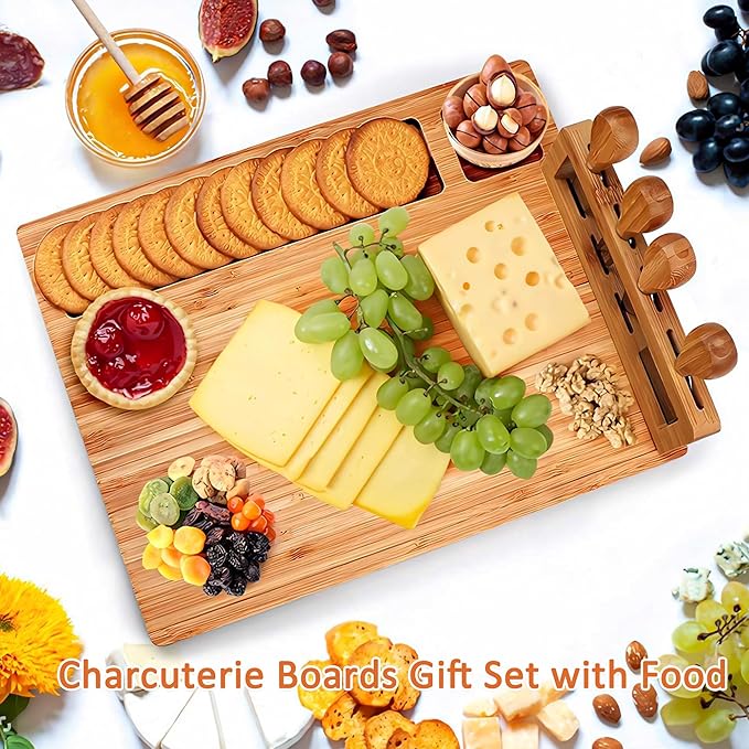 Charcuterie Boards Cheese Board:Charcuterie Boards Gift Set with 4 Cheese Knives,Charcuterie Board Set Suitable for Holiday Gift, Wedding Gift, Housewarming Gift