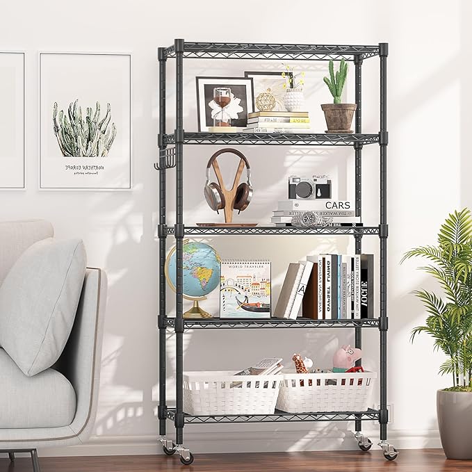 Himimi 5-Tier Storage Shelf Wire Shelving Unit on Wheels Heavy Duty Metal Shelves Adjustable Steel Rack Organization for Kitchen Garage Basement, Black