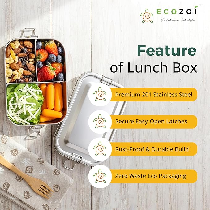 ecozoi Stainless Steel Lunch Box, 1-Tier Metal Bento Box Leak Proof with 5 Compartments, 50 Oz Metal Lunch Container, Meal Prep Food Container, with 50 ml Sauce Container