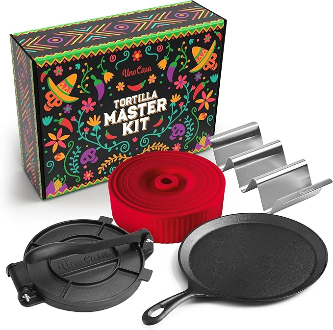 Uno Casa Tortilla Master Kit - Tortilla Press 8 Inch with 10.5 IN Comal Pan, 4 Taco Holders, and Tortilla Warmer - Complete Taco Tuesday Kit, Rotis, and Quesadillas - Unique Gift for Friends or Family