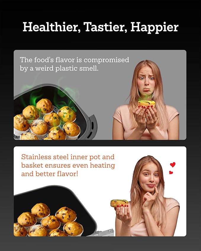 Air Fryer 6 Qt, All Metal Air Fryer, Stainless Steel Housing& Full Metal Inner Pot, PTFE and PFAS Free, 9 Digital One-Touch Cook Functions,120°F~450°F, 1700W