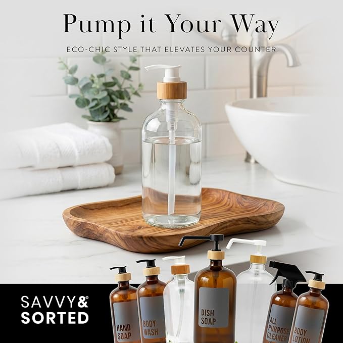 SAVVY & SORTED Glass Hand Soap Dispenser Bathroom, Dish Soap Dispenser for Kitchen Sink, Refillable Clear Glass Bottles with White Bamboo Pump for Liquid Hand Wash, 17 Fl Oz / 500 ml