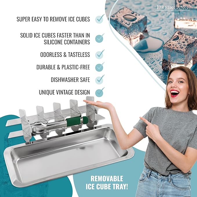 Stainless Steel Polished Set 2-Pack Ice Cube Tray for freezer Ice Cube Tray with Lever Insert |Easy Release with cold-insulated comfort grip | Food-Safe & Durable Ice Cube Maker