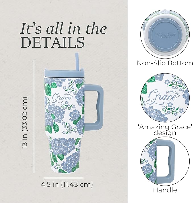 Steel Mill & Co 40 oz Stainless Steel Tumbler with Lid and Handle, Insulated/Thermal Travel Water Bottle with Amazing Grace Quote, Large Tumbler (Hydrangea)