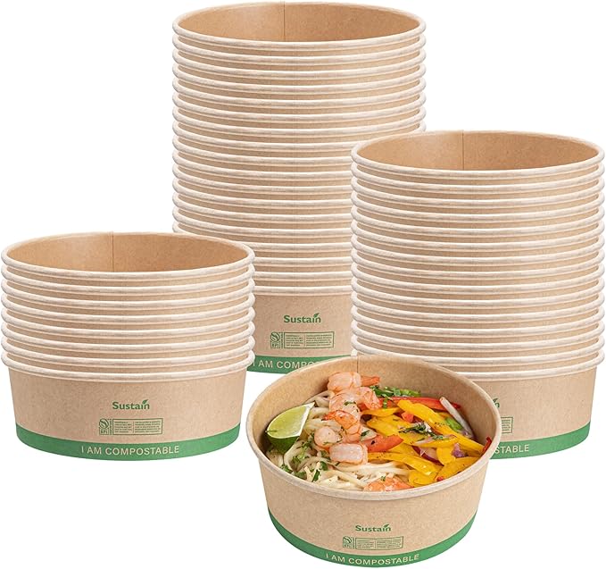 Restaurantware Paper Food Containers 50 Pack Of 25 oz Disposable Round Kraft Salad Bowls BPI-Certified Compostable Stackable Greaseproof Meal Prep Take Out Containers For Soups, Snacks And Desserts