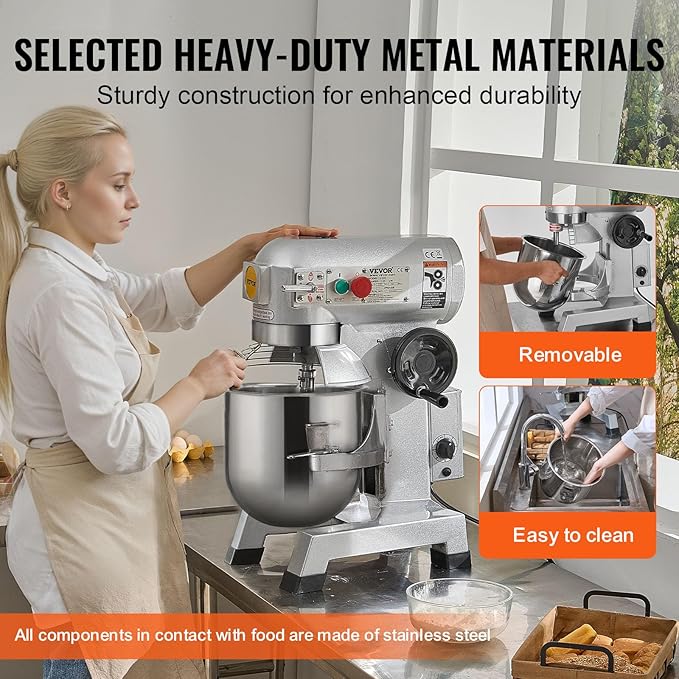 VEVOR Commercial Mixer, Commercial Food Mixer 10Qt Stainless Steel Bowl, 450W Commercial Stand Mixer with 3 Speeds Adjustable, Dough Hook Whisk Beater Included, Perfect for Bakery Pizzeria, Silver