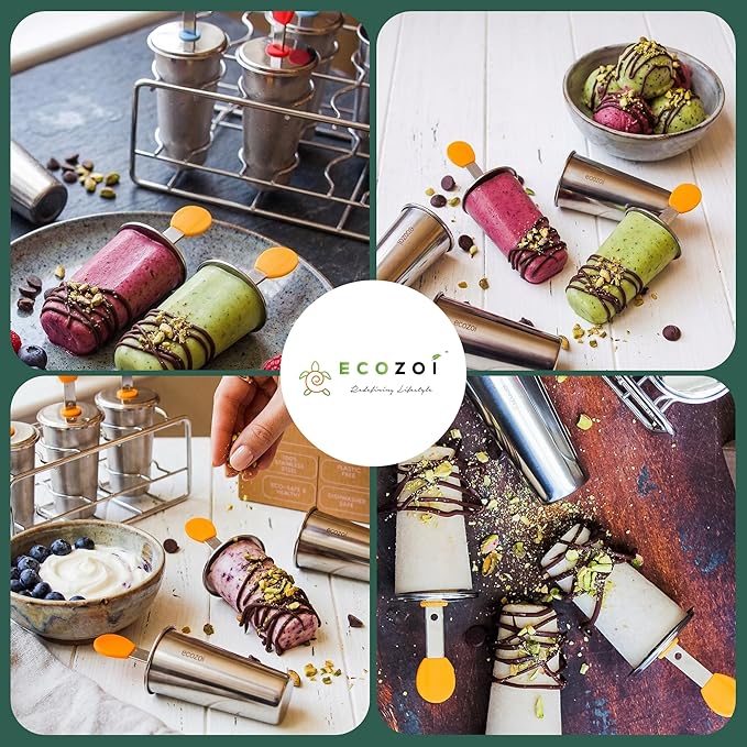 Ecozoi Stainless Steel Popsicle Molds, 6 Ice Popsicle Makers, 6 Stainless Steel Sticks, 12 Silicone Seals and 1 Coconut Cleaning Brush, Eco Popsicle Molds for Kids and Adults, 4 oz Per Mold (Round)