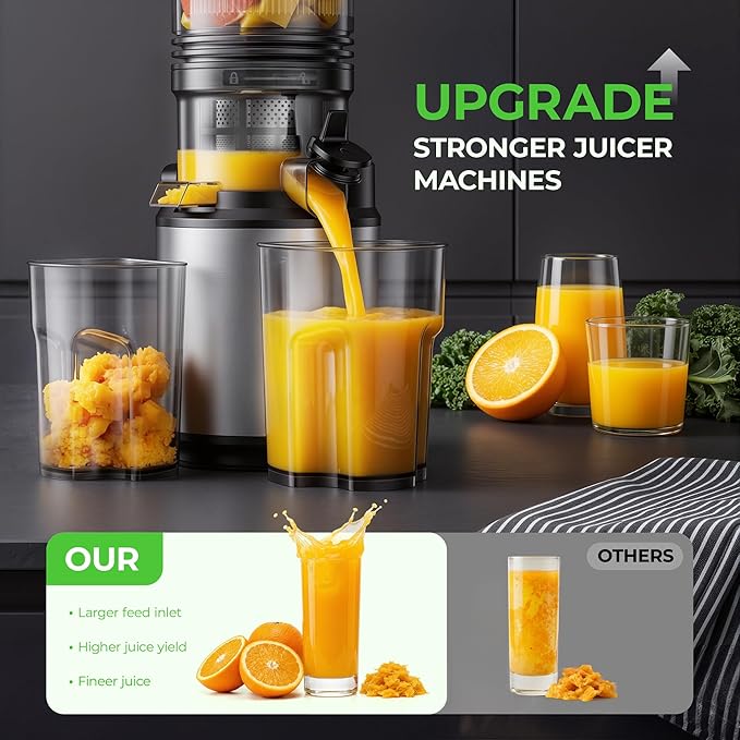 Juicer Machines, Cold Press Juicer with Wide Feed Chute, 3-in-1 Slow Masticating Juicer, Juice, Nut Milk & Sorbet Maker, BPA-Free, High Juice Yield for Whole Fruits & Vegetables Easy to Clean