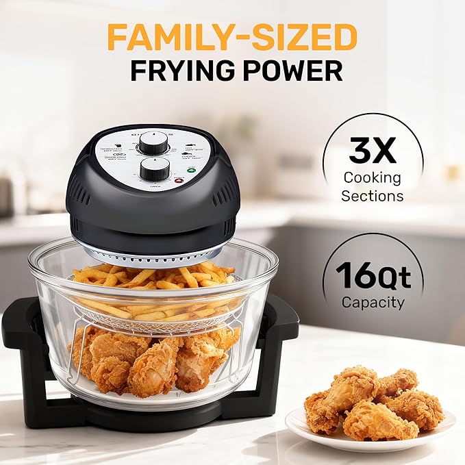 Granitestone 16Qt Large Glass Air Fryer Non Toxic – Family Sized Airfyrer Cooker with 3 Cooking Sections, Stainless Steel Racks, for French Fries, Chicken, No Preheat, Self Cleaning, Dishwasher Safe