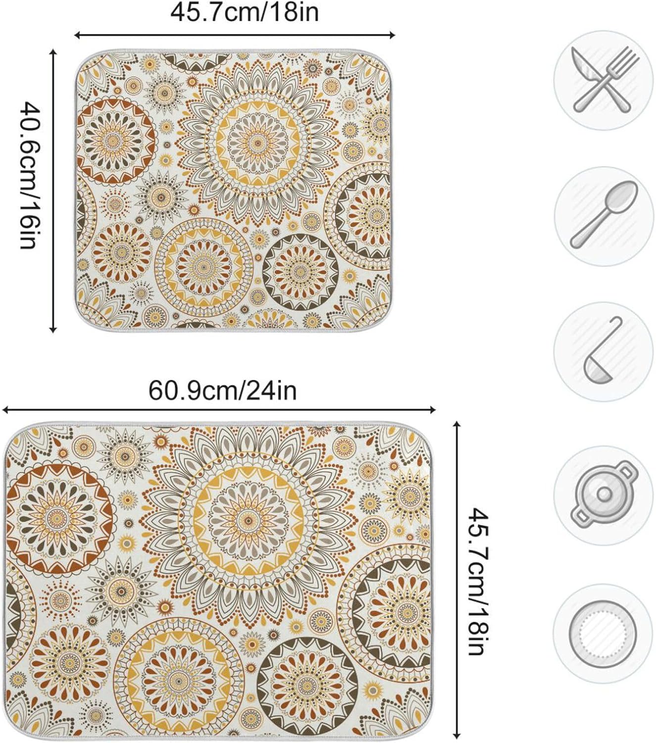 Mandala Ethnic Bohemian Ornament Dish Drying Mat for Kitchen Counter Absorbent Microfiber Drying Pad, Medium 16x18 in, Reversible Drainer Mats