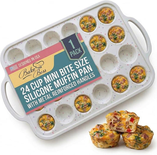 1-Pack - Silicone Mini Muffin Pan – 24-Cup, Nonstick Silicone Muffin Pans for Baking with Metal-Reinforced Handles, – BPA-Free Muffin Tin Tray for Mini Cupcakes & Snacks – Dishwasher Safe, Cream