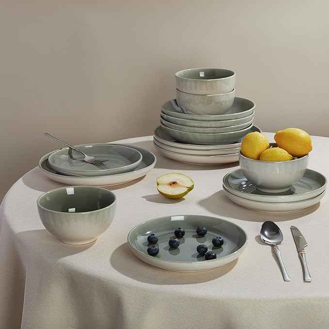 Stoneware Dinnerware Sets Service for 12, 36 pcs Reactive Glaze Plates and Bowls Sets, Handmade Ceramic Dish Set, Highly Chip and Crack Resistant Modern Plate Set, Gradient Green