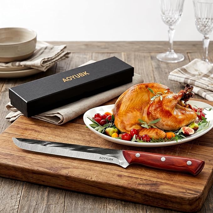 8" Carving Knife - Professional Brisket Slicing Knife for BBQ, Turkey, Ham | High Carbon Stainless Steel | Rosewood Handle | Gift Box Included