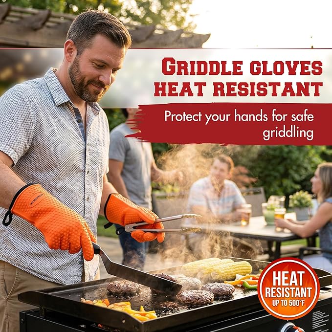 KITCHEN PERFECTION XL Silicone Oven & Griddle Gloves -Extreme Heat Resistant BBQ & Grilling Gloves -Handle Hot Food Right on Your Griddle |Waterproof Oven Mitts Grill Gloves |Superior Set+3 Bonuses