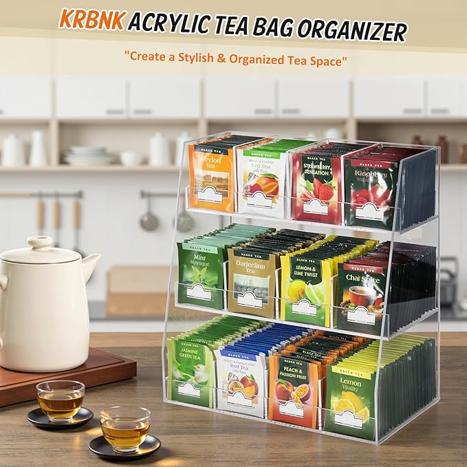Acrylic Tea Bag Organizer - 3 Tier Clear Tea Bag Holder & Storage Rack, Modern Tea Organizer for Countertop, Cabinet, No Assembly Required Tea Bar Accessories (Holds 200+ Tea Packets)