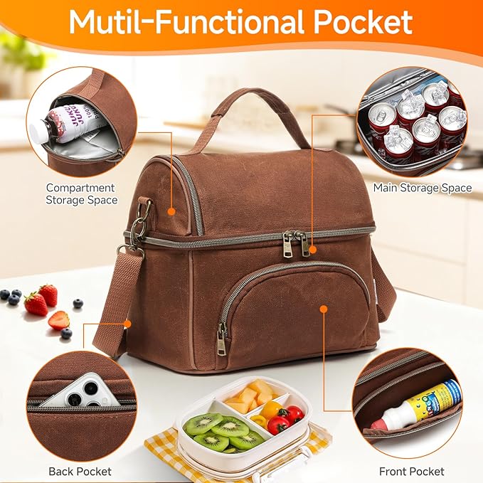 Lunch Box with Ice Packs, Waxed Canvas Lunch Bag for Men, 10.5L Leakproof Insulated Lunch Cooler for Men Work, Dual Compartment Soft Cooler for Work, Camping, Beach & Road Trips