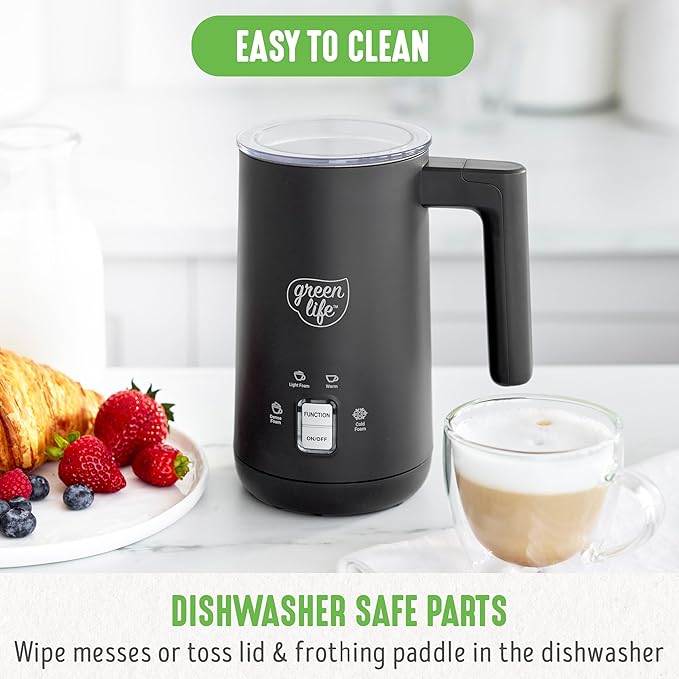 GreenLife Ceramic Electric Milk Frother, 10oz, 4-in-1, Auto Hot and Cold Foam, Dense and Light Foam, PFAS Free, Cordless Milk Warmer and Steamer for Latte, Coffee, Black