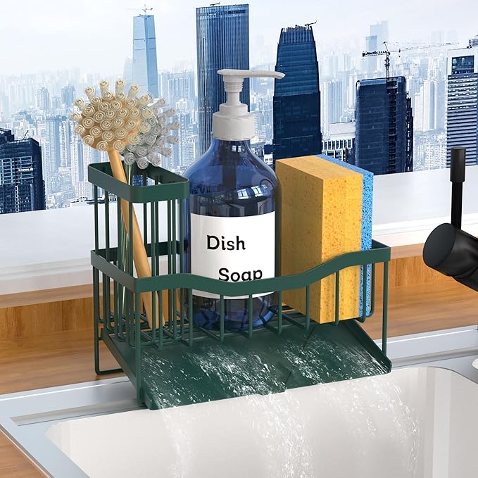 Maifan Sink Caddy Sponge Holder for Kitchen with Brush Holder and Stainless Steel Self Drain Tray, Rustproof Kitchen Sink Organizer for Sponge, Soap Dispenser Storage Accessories Dark Green