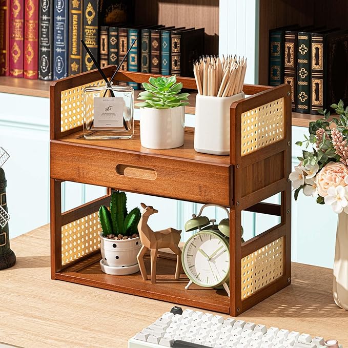 Yalikop Matcha Station Organizer 2 Tier Bamboo Mug Stand Shelf with Hidden Drawer Home Coffee Station Organizer for Whisk Set Bowl Cup Kitchen Countertops Bars 15.75" x 7.87" x 15.35"(Brown)