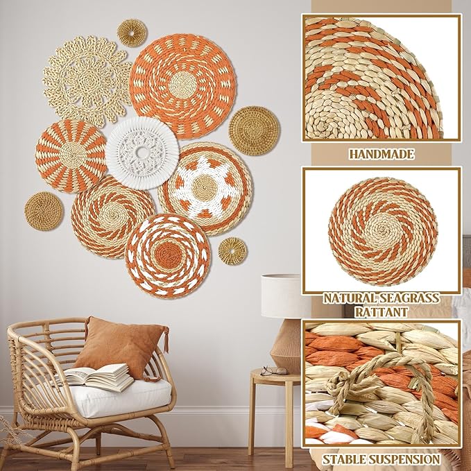 Tatuo 11 Pcs Boho Wall Basket Decor Bulrush Woven Wall Hanging Art Round Farmhouse Rustic Handmade Wicker for Summer Home, Bedroom, Living Room, Kitchen Decorations, Multi Sizes(Delicate)