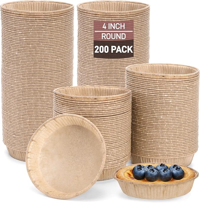SOUJOY 200 Pcs Paper Mini Tart Pans for Baking, 4 Inch Disposable Pie Tins, Non-stick Pie Pans for Individual Small Quiche, Cakes, Cinnamon Rolls, Desserts, Oven Microwave Air Fryer Safe