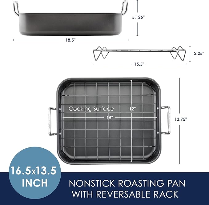 Rachael Ray Bakeware Nonstick Roaster/Roasting Pan with Reversible Rack, 16.5 Inch x 13.5 Inch, Gray