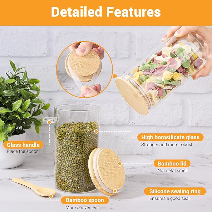 Glass Jars with Bamboo Lids and Spoon - 6 Pack 23 Fl.oz Glass Canisters Set with Airtight Lids, Labels and Marker, Loose Leaf Tea Jar Clear Pantry Storage Containers for Bean, Oats, Cereal