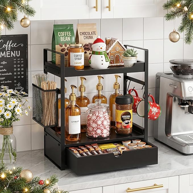 Coffee Station Organizer Countertop, Wooden Coffee Bar Accessories Organizer with Basket, 2 Mug Holder Hooks and Pod Drawer, Multifunctional 2 Tier Countertop Organizer for Kitchen, Bathroom, Office