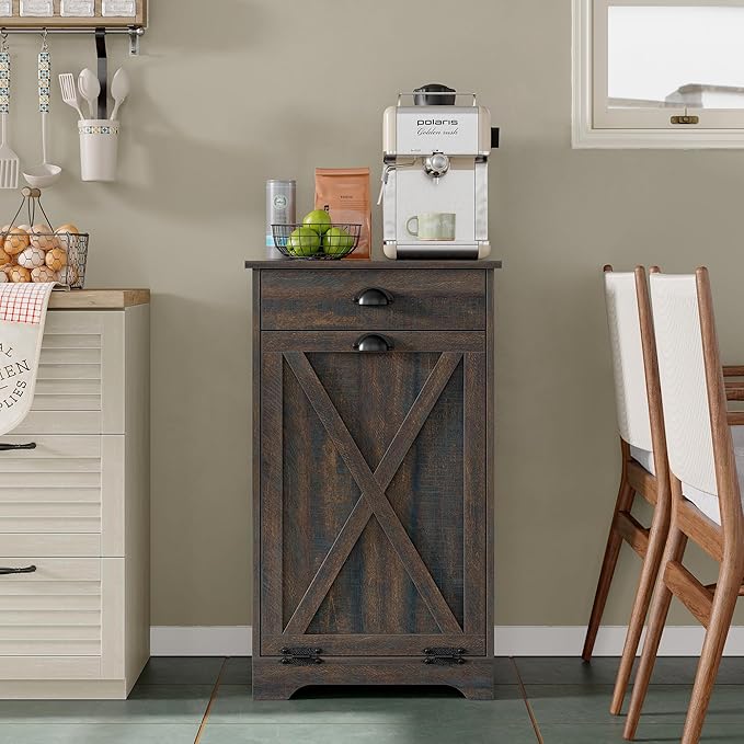 Furniouse Single Tilt Out Trash Can Cabinet with Drawer, 10 Gallon Wood Garbage Cabinet for Kitchen, Dark Brown
