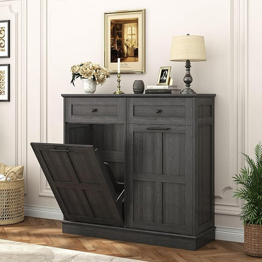 chartustriable Double Trash Can Cabinet, 26 Gallons Farmhouse Hidden Wood Garbage Can Bin Cabinet with Drawers, Tilt Out Laundry Hamper with Laundry Storage Basket for Bathroom, Kitchen, Dark Grey