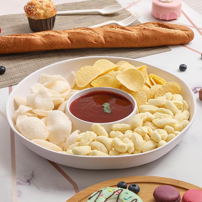 Chip and Dip Serving Set Divided Serving Platter Appetizers and Cheeses Serving Tray White Compartment Dishes for Party, Christmas, Dessert, Fruit, Candy, 13-inch Set of 2