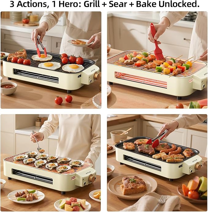 AORAN Indoor Grills Electric Smokeless – Versatile Smokeless Indoor Grill for Home Cooking, Featuring Indoor Grills Electric Smokeless, Skillet Griddle, and Kitchen Griddle Beige
