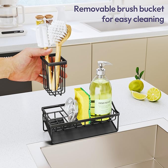 SWTYMIKI Sink Caddy Sponge Holder - Kitchen Sink Organizer with Stainless Steel Self Drain Tray & High Brush Holder for Countertop to Hold Dish Soaps and Sponges, Stainless Steel, Black