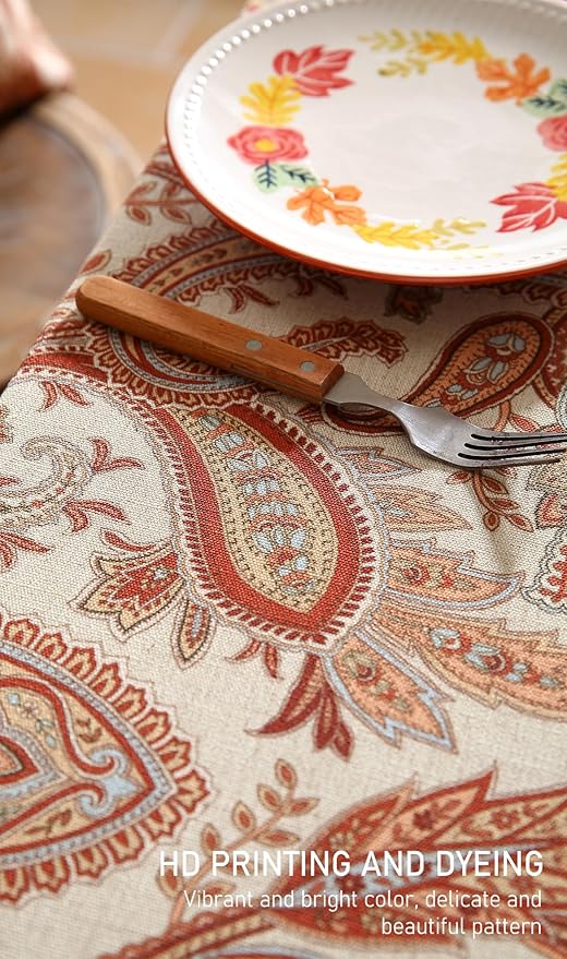 ISAENNE Designer French Red Extra Long Tablecloth Rectangle,Linen Table Cloth with Cashew Pattern,Stain Proof Decor Tablecloths for Dining Thanksgiving Kitchen Christmas,67"*118"-Chauffrey D