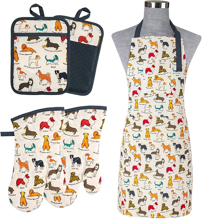 Alselo Oven Mitts and Pot Holders with Chef Apron,Set of 5 Heat Resistant Kitchen Gloves and Silicone Non-Slip Potholders Adjustable Neck Buckle Chef Apron, Cotton Nice Design for Cooking (Dog)