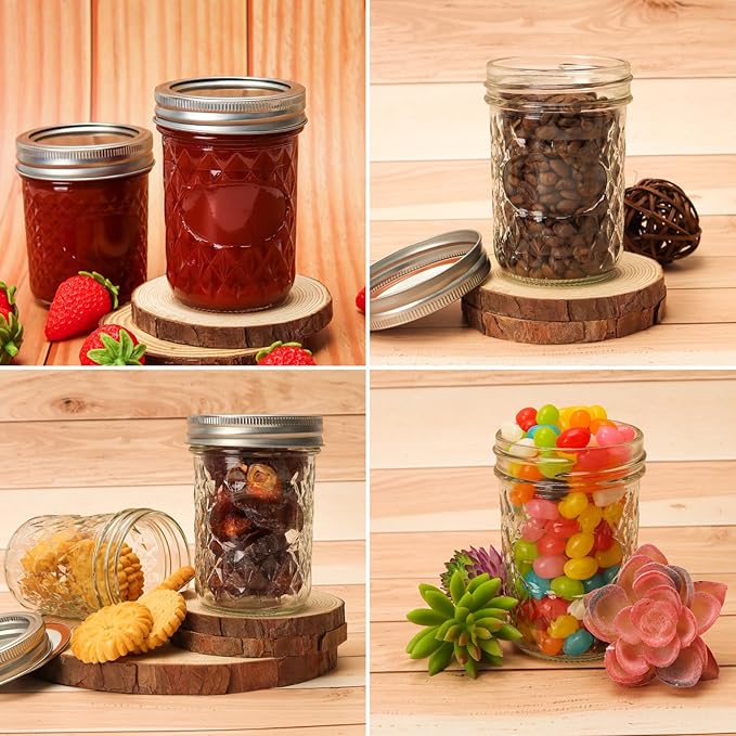 CycleMore Mason Jars 8 oz, 24 Pack Canning Jars with Airtight Lids and Bands, Half Pint Canisters Ideal for Fermenting, Jam, Honey, Pickling, Wedding/Shower Favors, DIY Decors
