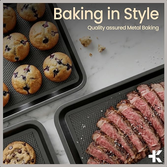 Diamond Bottom Cookie Sheet Set of 2, Nonstick Gray Carbon Steel Baking Pans for Crisp Baking, Space-Saving Stackable Trays, PFOA, PFOS, PTFE Free, Oven Safe Up to 450°F, Small & Medium Pans