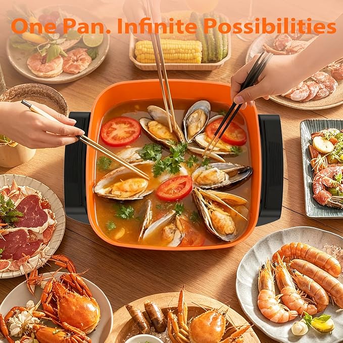 OSTBA 12"x12" Electric Skillet with Glass Lid, 5.2QT Large Nonstick Frying Pan for Family Meals, 1500W Fast Heating, 5-Level Adjustable Temperature Control, PFOA Free, Easy to Clean