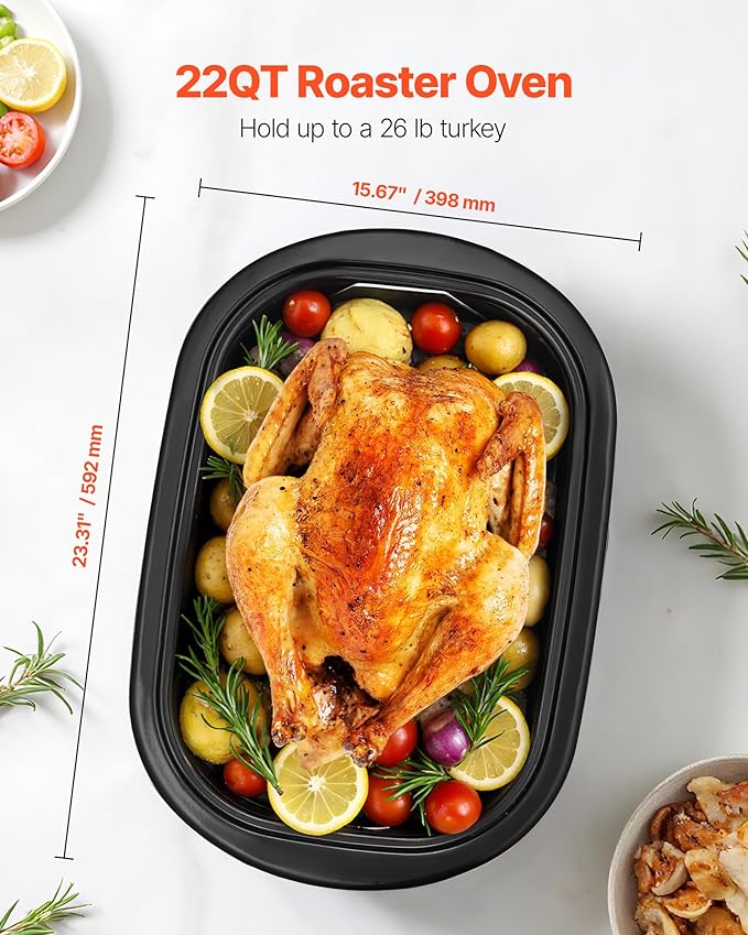 VEVOR Roaster Oven, 22QT Electric Roasting Pan, 150-450℉ Adjustable Temperature Multifunctional Electric Roaster Oven with Self-Basting Lid, Defrost & Warm Function for Holiday Meal, Fits 26lb Turkey