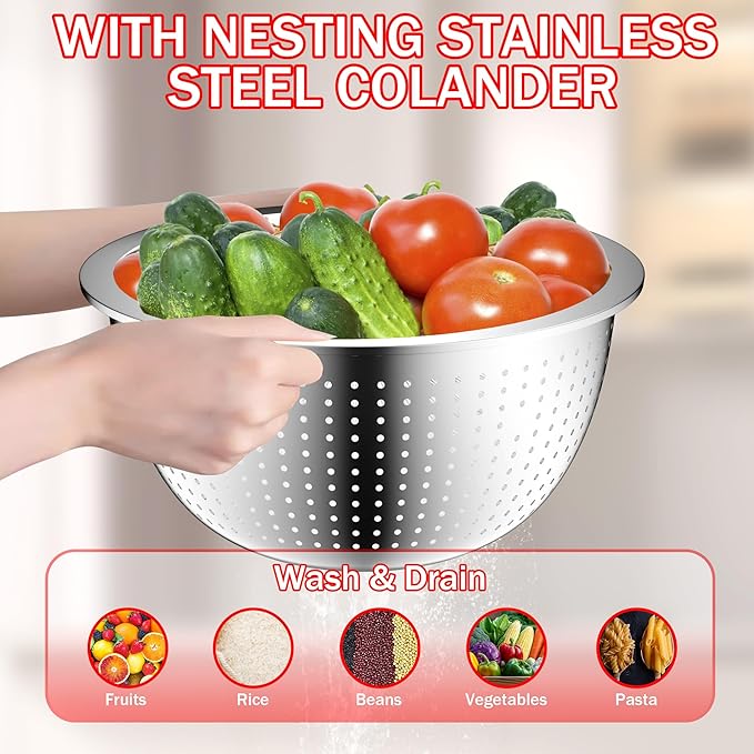 DUTZUN Mixing Bowls with Strainer, Mixing Bowl with Lids Set, Stainless Steel Mixing Bowls, Kitchen Gadgets Salad Bowls with Strainer for Mixing & Preping & Serving, Multicolor