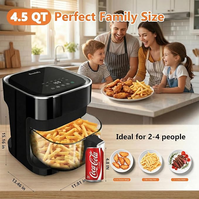 Glass Air Fryer 4.5 Qt, Non-Toxic Borosilicate Glass Basket with 360° View, Upgraded Food-Grade Stainless Steel Tray, 8-in-1 One-Touch Presets, Teflon-Free & Dishwasher Safe, Black