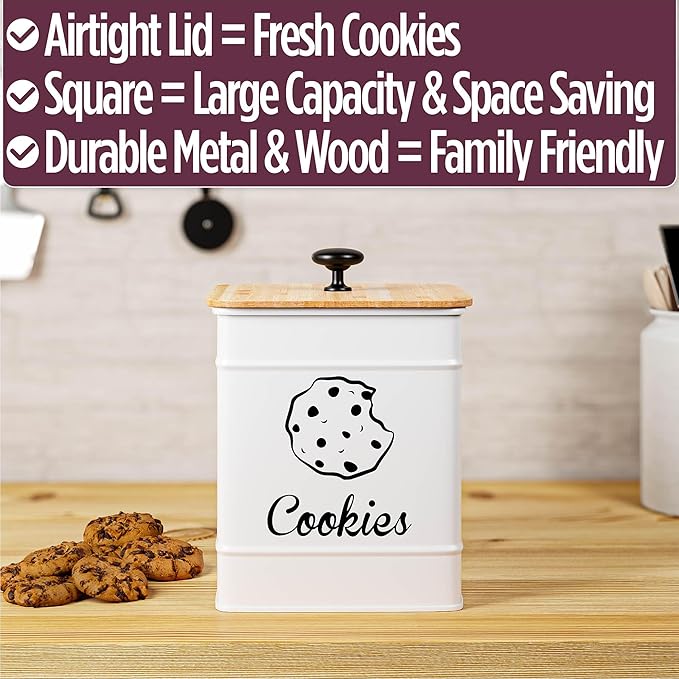 Cookie Jar with Airtight Lid - 1 Gallon - 6"D x 8"H White Iron Cookie Tin with Bamboo Lid - Large Cookie Jars with Lids Airtight - Farmhouse Cookie Jars for Kitchen Counter Decorative - Cookies Jar