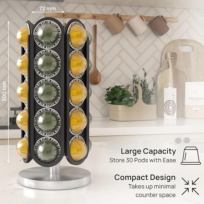 Ibyx 30-Capsule Nespresso Pod Holder – 360° Rotating Coffee Storage Stand – Compatible with Nespresso Vertuo – No Assembly, Black Wood Design