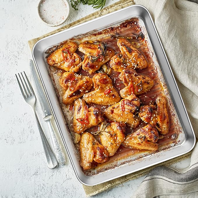 Baking Pans Set of 3, E-far Stainless Steel Sheet Cake Pan for Oven - 12.5/10.5/9.4Inch, Rectangle Textured Pan Tray Set for Lasagna Brownie Casserole Cookie, Non-toxic & Healthy, Dishwasher Safe