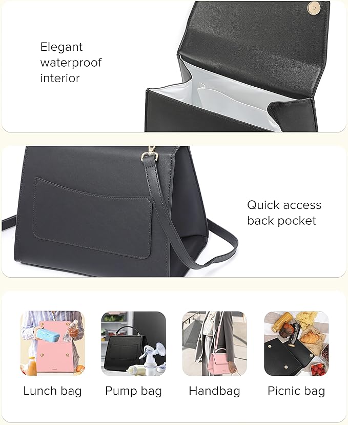 BEAUTYGOODIES X-Large Lunch Bag for Women, Work, Picnics and Parties, Insulated Cute Tote Purse Black,Stylish Bag for Women at Work, Office, Insulated Cooler for women, Ladies, Teachers, Nurses