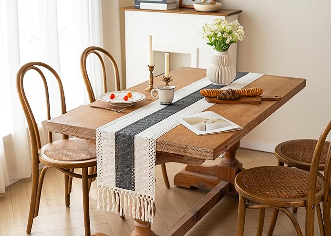 FEXIA Boho Table Runner for Home Decor with Tassels 90 Inches Long,Grey Farmhouse Rustic Table Runner Macrame Burlap Table Decoration for Living Room Bridal Shower(12x90 Inches)
